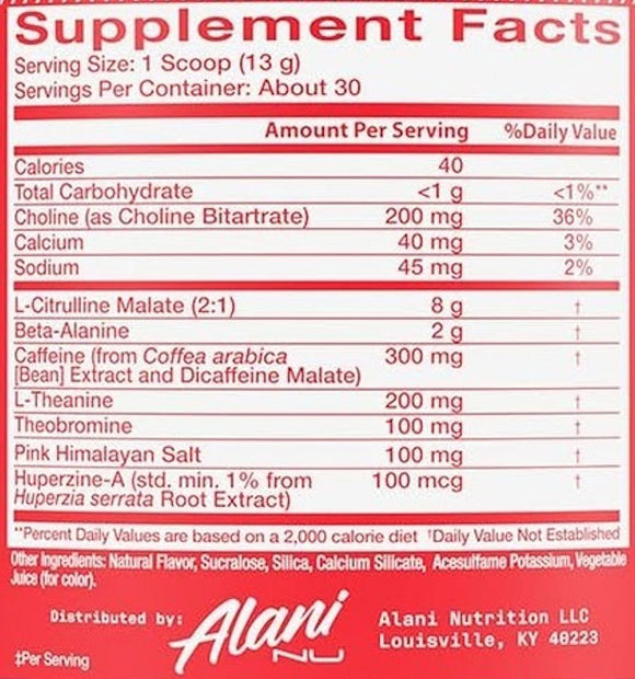 Alani Nu Pre-Workout+ facts