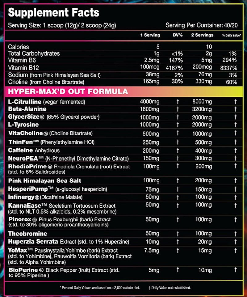 Performax Labs HyperMax'D Out Pre-Workout 40 serving facts