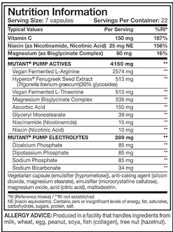 Mutant Pump 154 Capsules facts