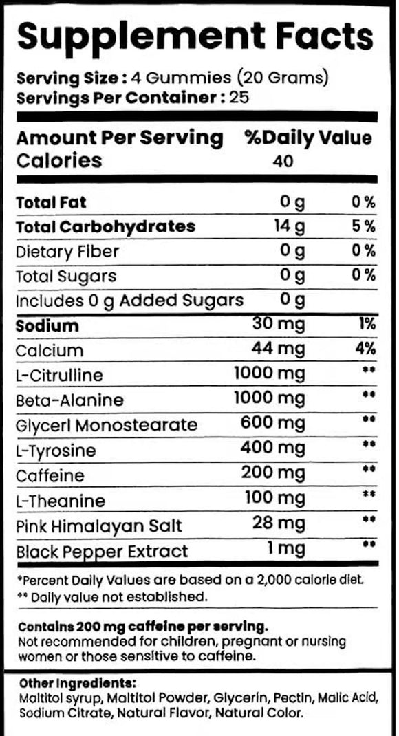 Smash Pre-Workout Gummies, 100ct 25 Servings facts
