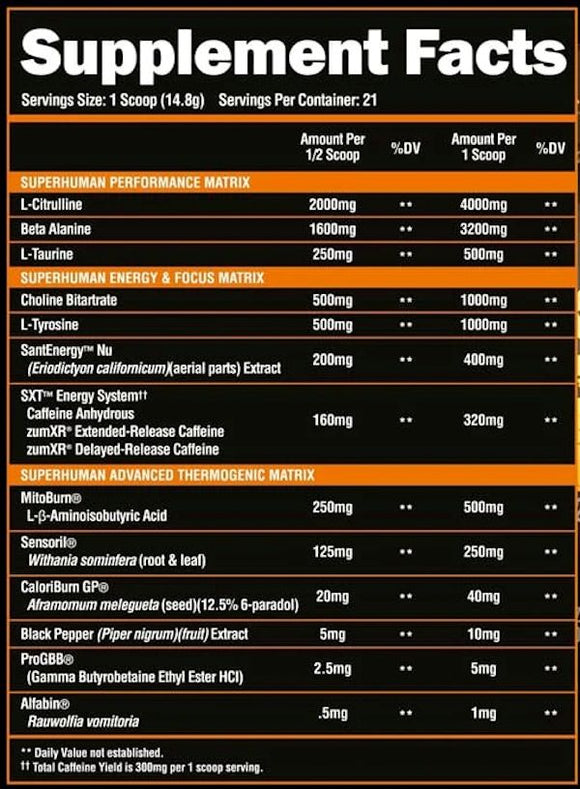 Alpha Lion Superhuman Burn Fat Burning Pre-Workout 21 Servings facts
